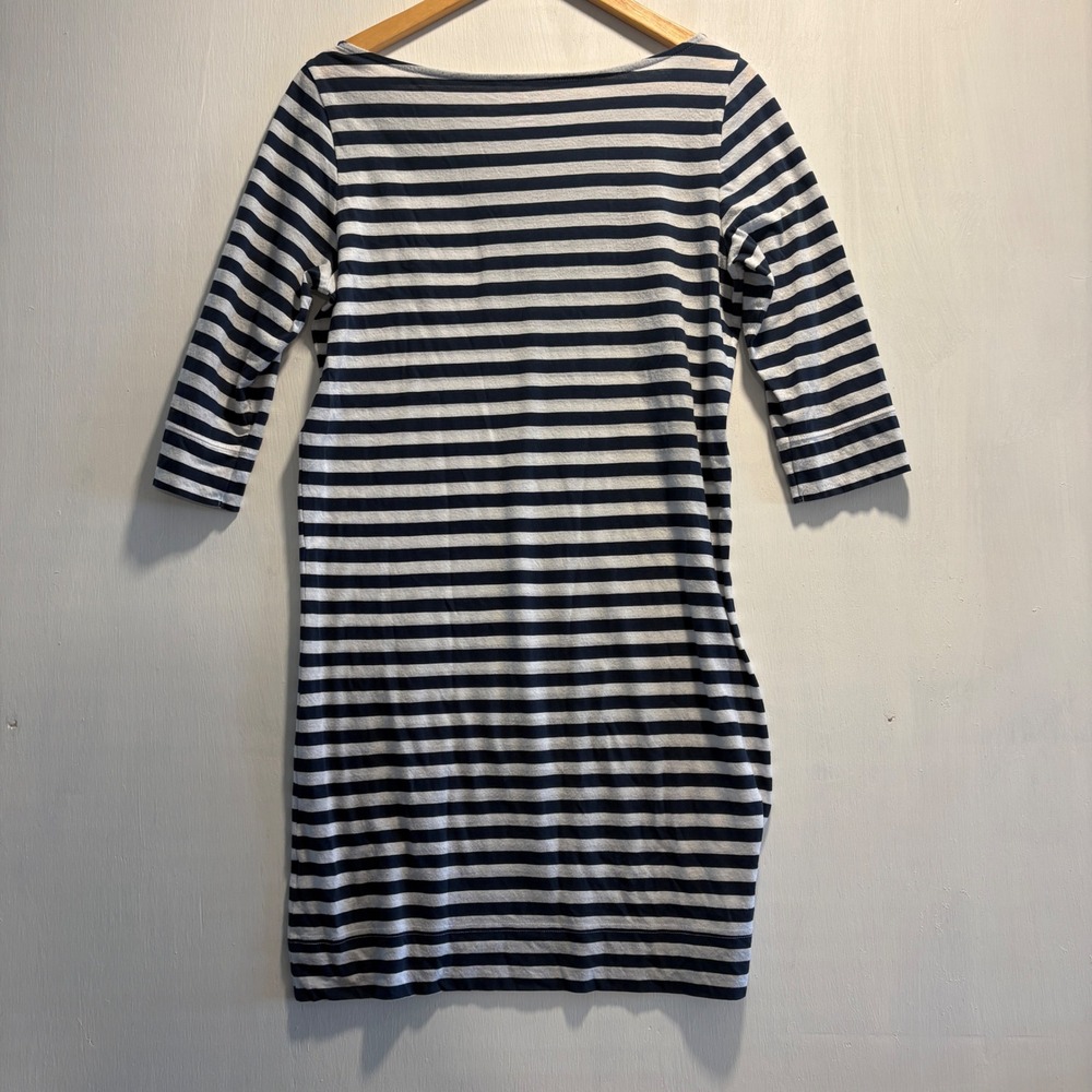 Lilly Pulitzer Navy Blue White Striped Boat Neck 3/4 Sleeve T-Shirt Dress Medium